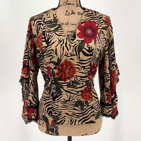 Spenser Jeremy Silk Lace Trim Flutter Sleeve Wrap Top Floral Leopard Tan Medium - Picture 1 of 5